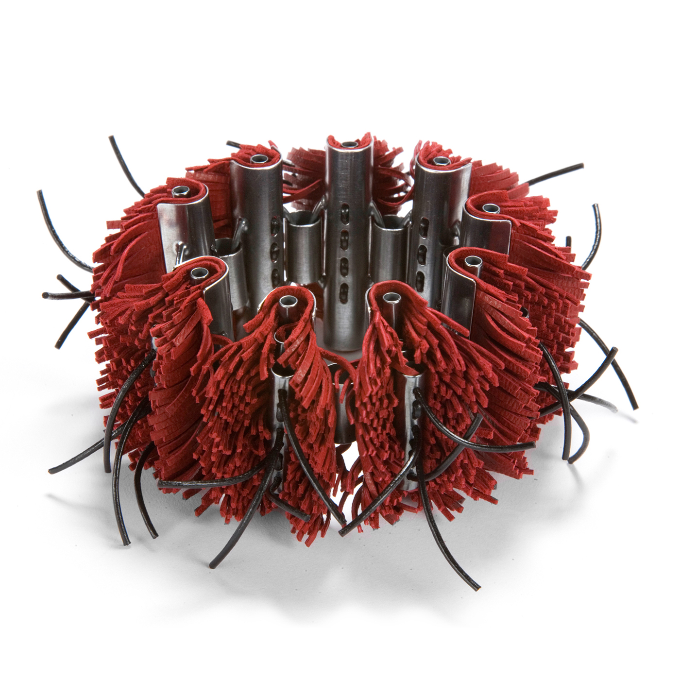 Andrea Janosik, Red spike bracelet, 2008, stacked leather and oxidized sterling silver, tied with leather cord, 3 x 4 x 4 inches, photo: artist Andrea Janosik