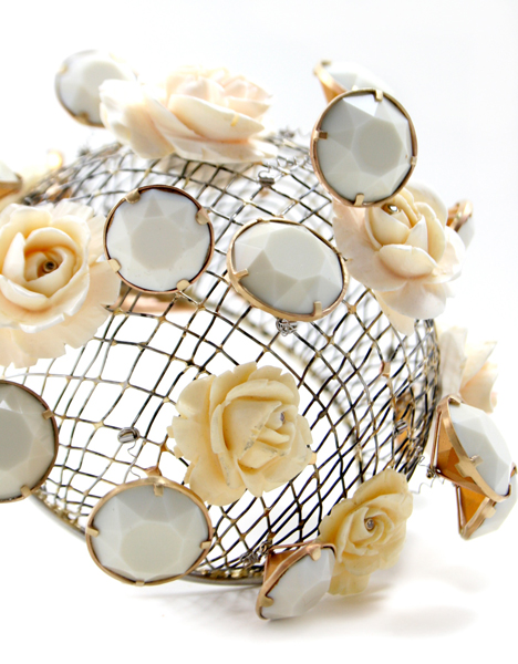 Lola Brooks, ivoryandroses, 2009, brooch, vintage rhinestones, vintage ivory roses, stainless steel, 14-karat gold, Dimensions, courtesy of Sienna Gallery, photo: Kevin Sprague