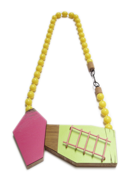 Karen Vanmol, Cultivate Necklace 2, 2014, wood, laminate, plastic, vintage beads, brass, spray-paint, 110 x 270 x 20 mm, photo: artist