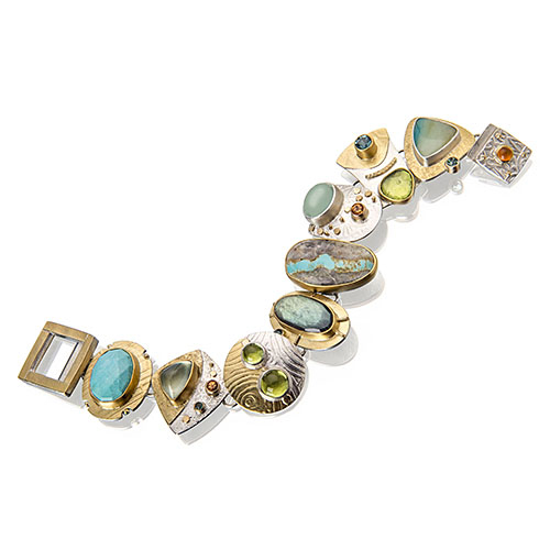 Sydney Lynch, Calypso Multilink Bracelet, 2014, 18- and 22-karat gold, silver, turquoise, prehnite, spessartite garnet, tourmaline, peridot, labradorite, Persian turquoise, beryl, Peruvian opal, carnelian, 190.5 x 25.4 mm, photo: artist Sydney Lynch
