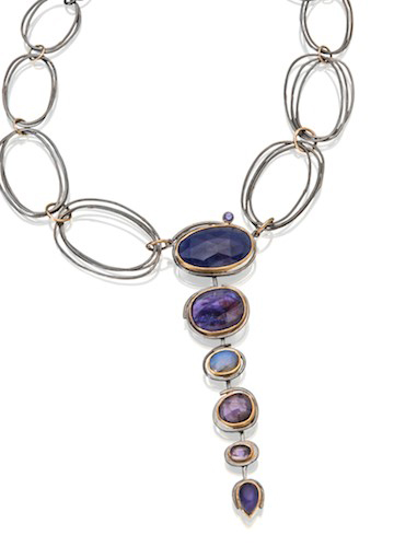 Sydney Lynch, Indigo Necklace, 2014, faceted and rose-cut sapphires, tanzanite, labradorite, iolite, 18- and 22-karat gold, oxidized silver, 609.6 mm chain, drop 76.2 x 25.4 mm (at widest point), photo: artist Sydney Lynch