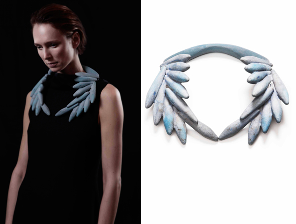 Tanel Veenre, Big Trophy I, 2012, neckpiece, wood, silver, cosmic dust, 230 x 220 x 80 mm, model: Hedvig Maigre, photo by artist