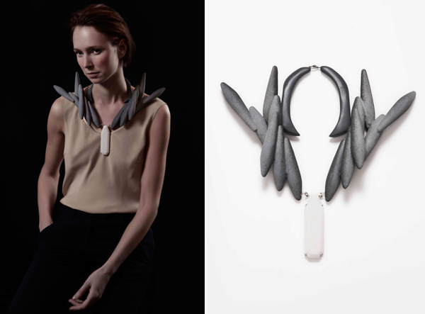 Tanel Veenre, Big Trophy V, 2012, neckpiece, wood, silver, cosmic dust, 300 x 280 x 90 mm, model: Hedvig Maigre, photo by artist