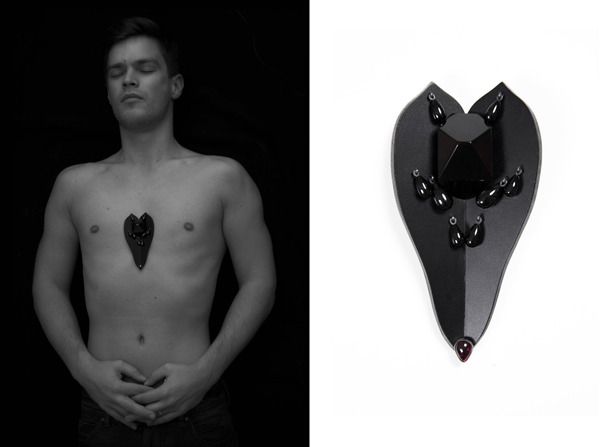 Tanel Veenre, Robert from the series Connected Hearts, 2012, brooch, wood, jet, onyx, silver, 70 x 130 x 40 mm, photo by artist